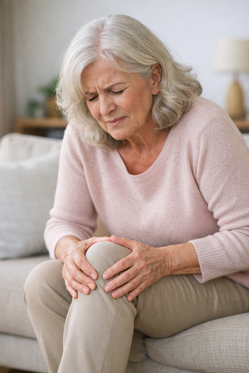 older woman sitting with hand on knee
