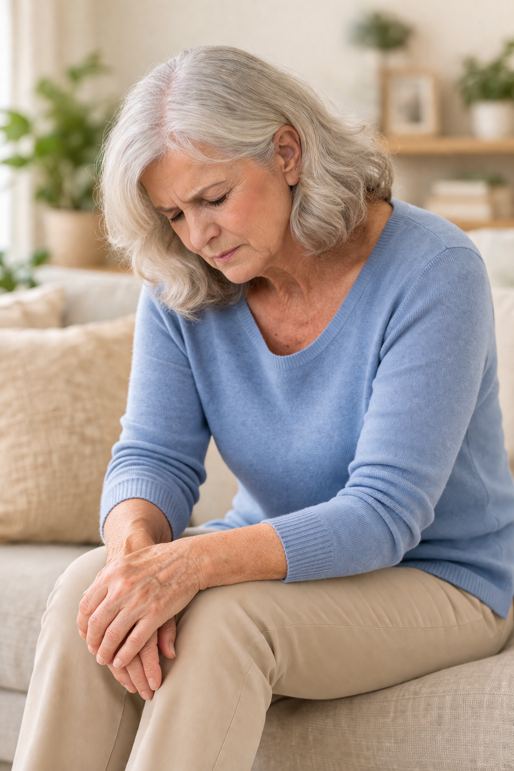 older woman sitting quietly on couch