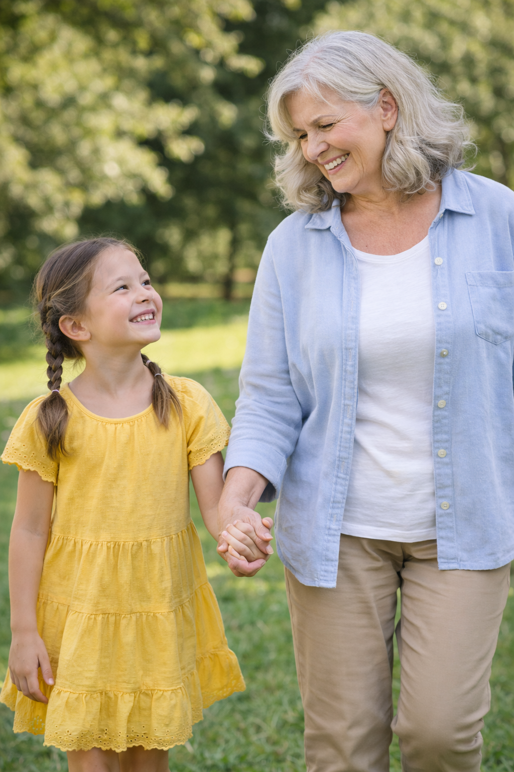 grandmother walking with granddaughter outdoors